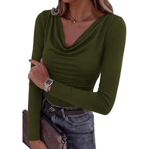 image:imagePRETTYGARDEN Womens Long Sleeve Shirts 2026 Fall Outfits Cowl Neck Ruched Slim Fitted Going Out Tops Y2K Fashion ClothingArmy Green
