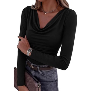image:imagePRETTYGARDEN Womens Long Sleeve Shirts 2026 Fall Outfits Cowl Neck Ruched Slim Fitted Going Out Tops Y2K Fashion ClothingBlack