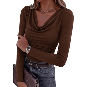 image:imagePRETTYGARDEN Womens Long Sleeve Shirts 2026 Fall Outfits Cowl Neck Ruched Slim Fitted Going Out Tops Y2K Fashion ClothingBrown