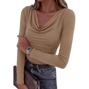 image:imagePRETTYGARDEN Womens Long Sleeve Shirts 2026 Fall Outfits Cowl Neck Ruched Slim Fitted Going Out Tops Y2K Fashion ClothingKhaki