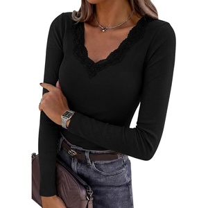 image:imagePRETTYGARDEN Womens Long Sleeve Shirts Lace Trim V Neck Ribbed Slim Fitted Basic Tees Y2K Going Out Tops 2026 Fall ClothesBlack