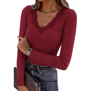 image:imagePRETTYGARDEN Womens Long Sleeve Shirts Lace Trim V Neck Ribbed Slim Fitted Basic Tees Y2K Going Out Tops 2026 Fall ClothesBurgundy