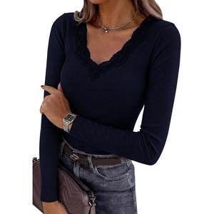 image:imagePRETTYGARDEN Womens Long Sleeve Shirts Lace Trim V Neck Ribbed Slim Fitted Basic Tees Y2K Going Out Tops 2026 Fall ClothesNavy Blue