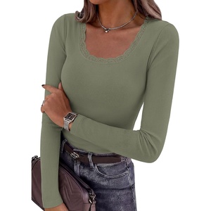 image:imagePRETTYGARDEN Womens Long Sleeve Tops Casual Fall Fashion 2026 Lace Square Neck Fitted Ribbed Knit Tee Shirts Winter ClothingArmy Green