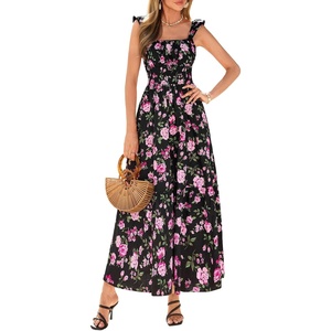 image:imagePRETTYGARDEN Floral Dress for Women Summer Boho Maxi Sundresses 2026 Smocked Long Flowy Spring Beach Wedding Guest DressesBlack Red Floral