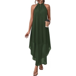 image:imagePRETTYGARDEN Summer Wedding Guest Dresses for Women 2026 Spring Long Flowy Halter Maxi Asymmetrical Beach Vacation SundressArmy Green