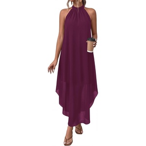 image:imagePRETTYGARDEN Summer Wedding Guest Dresses for Women 2026 Spring Long Flowy Halter Maxi Asymmetrical Beach Vacation SundressBurgundy