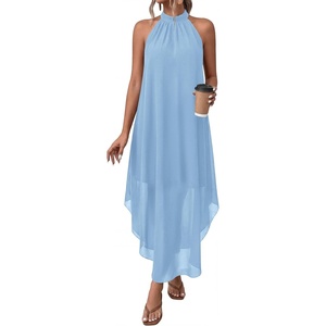 image:imagePRETTYGARDEN Summer Wedding Guest Dresses for Women 2026 Spring Long Flowy Halter Maxi Asymmetrical Beach Vacation SundressLight Blue