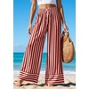 image:imagePRETTYGARDEN Womens Palazzo Pants 2026 Summer Striped Satin Wide Leg High Waisted Flowy Lounge Trousers PocketsStriped Brick Red