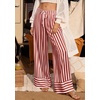 image:imagePRETTYGARDEN Womens Palazzo Pants 2026 Summer Striped Satin Wide Leg High Waisted Flowy Lounge Trousers PocketsStriped Brick Red