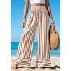 image:imagePRETTYGARDEN Womens Palazzo Pants 2026 Summer Striped Satin Wide Leg High Waisted Flowy Lounge Trousers PocketsStriped Khaki White
