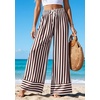 image:imagePRETTYGARDEN Womens Palazzo Pants 2026 Summer Striped Satin Wide Leg High Waisted Flowy Lounge Trousers PocketsStriped White Brown
