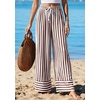 image:imagePRETTYGARDEN Womens Palazzo Pants 2026 Summer Striped Satin Wide Leg High Waisted Flowy Lounge Trousers PocketsStriped White Brown
