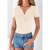 image:imagePRETTYGARDEN Womens Short Sleeve Henley Shirts 2026 Summer Trendy Ribbed Tops Fitted V Neck Button Up T Shirts Spring BlousesBeige