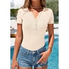 image:imagePRETTYGARDEN Womens Short Sleeve Henley Shirts 2026 Summer Trendy Ribbed Tops Fitted V Neck Button Up T Shirts Spring BlousesBeige