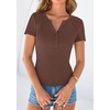 image:imagePRETTYGARDEN Womens Short Sleeve Henley Shirts 2026 Summer Trendy Ribbed Tops Fitted V Neck Button Up T Shirts Spring BlousesBrown
