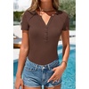 image:imagePRETTYGARDEN Womens Short Sleeve Henley Shirts 2026 Summer Trendy Ribbed Tops Fitted V Neck Button Up T Shirts Spring BlousesBrown