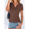 image:imagePRETTYGARDEN Womens Short Sleeve Henley Shirts 2026 Summer Trendy Ribbed Tops Fitted V Neck Button Up T Shirts Spring BlousesBrown