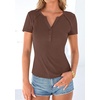 image:imagePRETTYGARDEN Womens Short Sleeve Henley Shirts 2026 Summer Trendy Ribbed Tops Fitted V Neck Button Up T Shirts Spring BlousesBrown