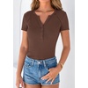 image:imagePRETTYGARDEN Womens Short Sleeve Henley Shirts 2026 Summer Trendy Ribbed Tops Fitted V Neck Button Up T Shirts Spring BlousesBrown
