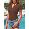 image:imagePRETTYGARDEN Womens Short Sleeve Henley Shirts 2026 Summer Trendy Ribbed Tops Fitted V Neck Button Up T Shirts Spring BlousesBrown