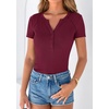 image:imagePRETTYGARDEN Womens Short Sleeve Henley Shirts 2026 Summer Trendy Ribbed Tops Fitted V Neck Button Up T Shirts Spring BlousesBurgundy