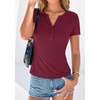 image:imagePRETTYGARDEN Womens Short Sleeve Henley Shirts 2026 Summer Trendy Ribbed Tops Fitted V Neck Button Up T Shirts Spring BlousesBurgundy