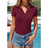 image:imagePRETTYGARDEN Womens Short Sleeve Henley Shirts 2026 Summer Trendy Ribbed Tops Fitted V Neck Button Up T Shirts Spring BlousesBurgundy