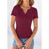 image:imagePRETTYGARDEN Womens Short Sleeve Henley Shirts 2026 Summer Trendy Ribbed Tops Fitted V Neck Button Up T Shirts Spring BlousesBurgundy