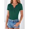 image:imagePRETTYGARDEN Womens Short Sleeve Henley Shirts 2026 Summer Trendy Ribbed Tops Fitted V Neck Button Up T Shirts Spring BlousesDark Green