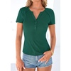 image:imagePRETTYGARDEN Womens Short Sleeve Henley Shirts 2026 Summer Trendy Ribbed Tops Fitted V Neck Button Up T Shirts Spring BlousesDark Green