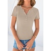 image:imagePRETTYGARDEN Womens Short Sleeve Henley Shirts 2026 Summer Trendy Ribbed Tops Fitted V Neck Button Up T Shirts Spring BlousesLight Khaki
