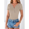 image:imagePRETTYGARDEN Womens Short Sleeve Henley Shirts 2026 Summer Trendy Ribbed Tops Fitted V Neck Button Up T Shirts Spring BlousesLight Khaki