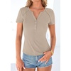 image:imagePRETTYGARDEN Womens Short Sleeve Henley Shirts 2026 Summer Trendy Ribbed Tops Fitted V Neck Button Up T Shirts Spring BlousesLight Khaki