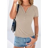 image:imagePRETTYGARDEN Womens Short Sleeve Henley Shirts 2026 Summer Trendy Ribbed Tops Fitted V Neck Button Up T Shirts Spring BlousesLight Khaki