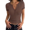 image:imagePRETTYGARDEN Womens Short Sleeve Henley Shirts 2026 Summer Trendy Ribbed Tops Fitted V Neck Button Up T Shirts Spring BlousesBrown