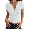 image:imagePRETTYGARDEN Womens Short Sleeve Henley Shirts 2026 Summer Trendy Ribbed Tops Fitted V Neck Button Up T Shirts Spring BlousesWhite