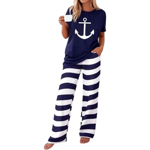 image:imagePRETTYGARDEN Womens 2 Piece Pajama Sets Summer 2026 Matching Lounge Outfits Short Sleeve Printed Sleepwear Spring PJ SetNavy Blue