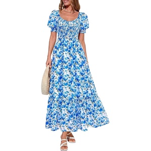image:imagePRETTYGARDEN Womens Floral Boho Maxi Dresses Flowy Short Sleeve A Line Smocked Eyelet 2026 Summer Beach Vacation ClothesFloral Bright Blue