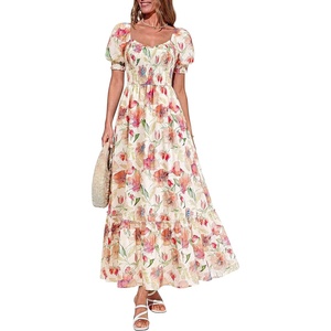 image:imagePRETTYGARDEN Womens Floral Boho Maxi Dresses Flowy Short Sleeve A Line Smocked Eyelet 2026 Summer Beach Vacation ClothesWhite Big Flower