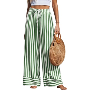 image:imagePRETTYGARDEN Womens Palazzo Pants 2026 Summer Striped Satin Wide Leg High Waisted Flowy Lounge Trousers PocketsStriped Green White