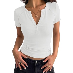 image:imagePRETTYGARDEN Womens Short Sleeve Henley Shirts 2026 Summer Trendy Ribbed Tops Fitted V Neck Button Up T Shirts Spring BlousesWhite