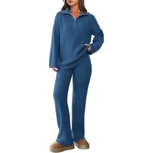 image:imagePRETTYGARDEN Womens Winter 2 Piece Sweater Set Long Sleeve Quarter Zip Sweatshirt Wide Leg Pants Fall Outfits TracksuitBlue