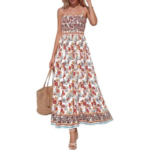 image:imagePRETTYGARDEN Summer Dresses for Women 2026 Casual Spaghetti Strap Beach Long Sundresses Boho Floral Smocked Maxi Flowy DressWhite