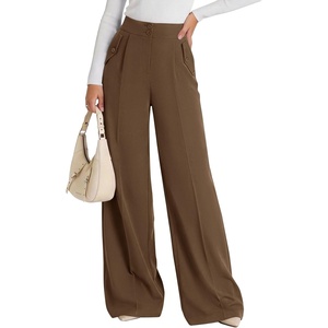 image:imagePRETTYGARDEN Womens Wide Leg Work Dress Pants Trousers  Palazzo Pant with Pockets Lightweight Flowy High Elastic Waistband Office Wear Business Casual Outfits Fashion ClothingBrown
