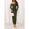 image:imagePRETTYGARDEN Womens 2026 Fall Long Sleeve Maxi Dress Off Shoulder Mesh Ruched Bodycon Trendy Long Wedding Guest DressesArmy Green