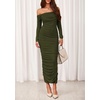 image:imagePRETTYGARDEN Womens 2026 Fall Long Sleeve Maxi Dress Off Shoulder Mesh Ruched Bodycon Trendy Long Wedding Guest DressesArmy Green