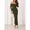 image:imagePRETTYGARDEN Womens 2026 Fall Long Sleeve Maxi Dress Off Shoulder Mesh Ruched Bodycon Trendy Long Wedding Guest DressesArmy Green