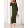 image:imagePRETTYGARDEN Womens 2026 Fall Long Sleeve Maxi Dress Off Shoulder Mesh Ruched Bodycon Trendy Long Wedding Guest DressesArmy Green