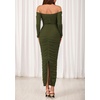 image:imagePRETTYGARDEN Womens 2026 Fall Long Sleeve Maxi Dress Off Shoulder Mesh Ruched Bodycon Trendy Long Wedding Guest DressesArmy Green